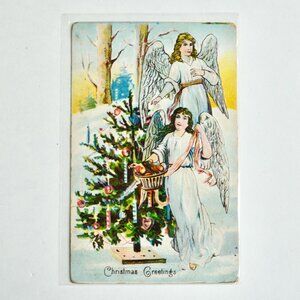 Antique Early 1900s Christmas Postcard Greetings Angels Tree